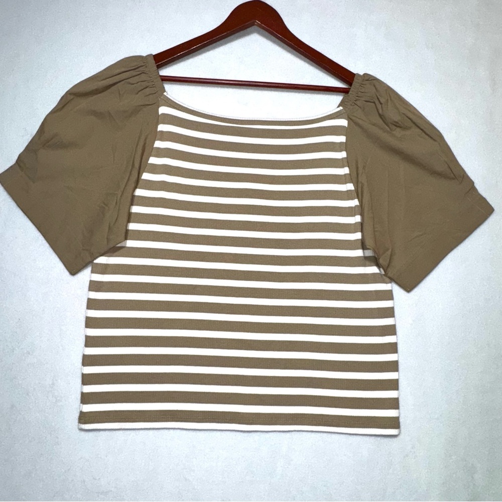 NWT J.Crew Off-the-Shoulder Puff Short Sleeve Coquette Shirt Brown White Size 2X - Picture 9 of 11
